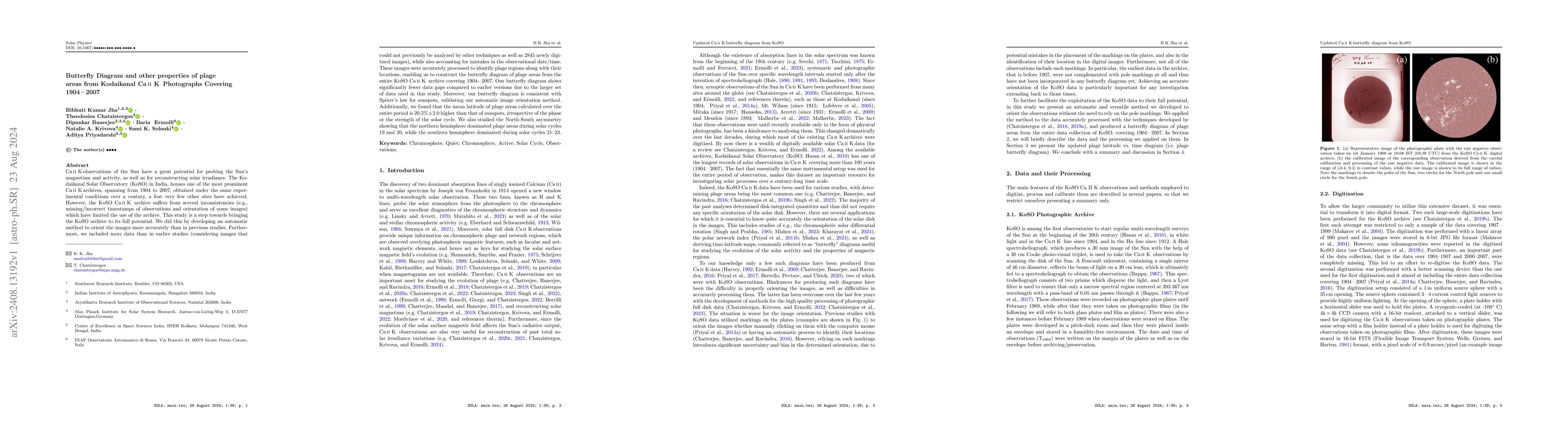 Thumbnail for Butterfly Diagram and Other Properties of Plage Areas from Kodaikanal Ca
  II K Photographs Covering 1904-2007