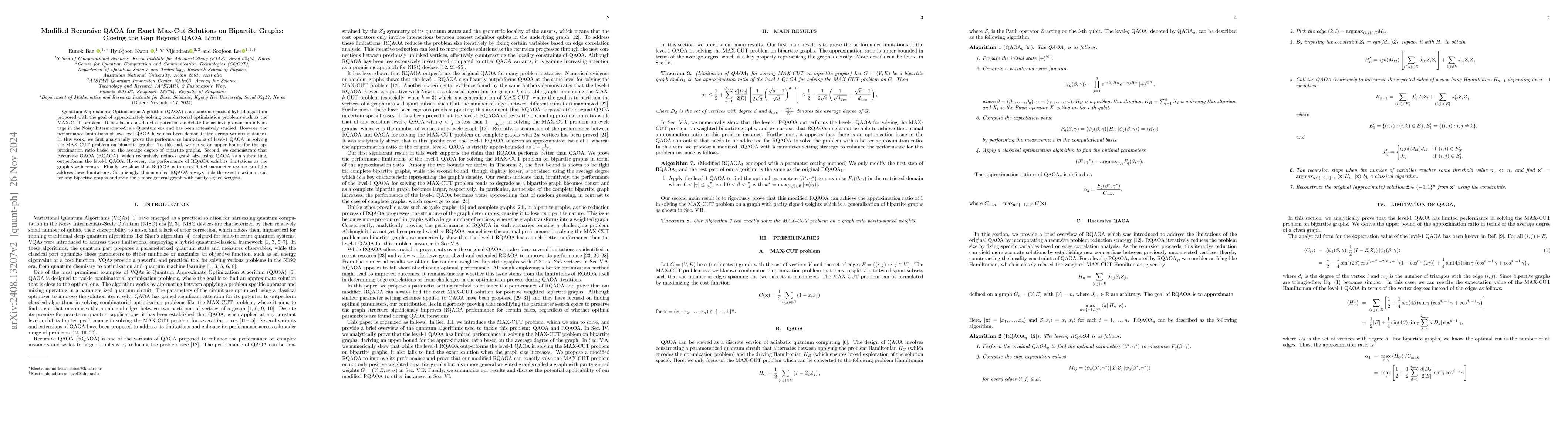 Thumbnail for Modified Recursive QAOA for Exact Max-Cut Solutions on Bipartite Graphs:
  Closing the Gap Beyond QAOA Limit