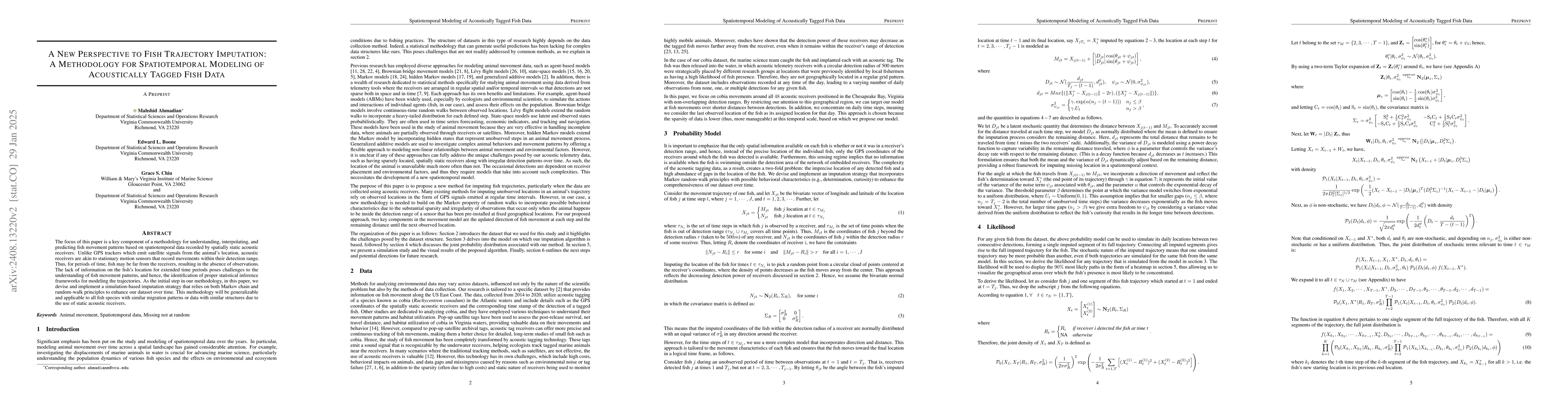 Thumbnail for A New Perspective to Fish Trajectory Imputation: A Methodology for
  Spatiotemporal Modeling of Acoustically Tagged Fish Data