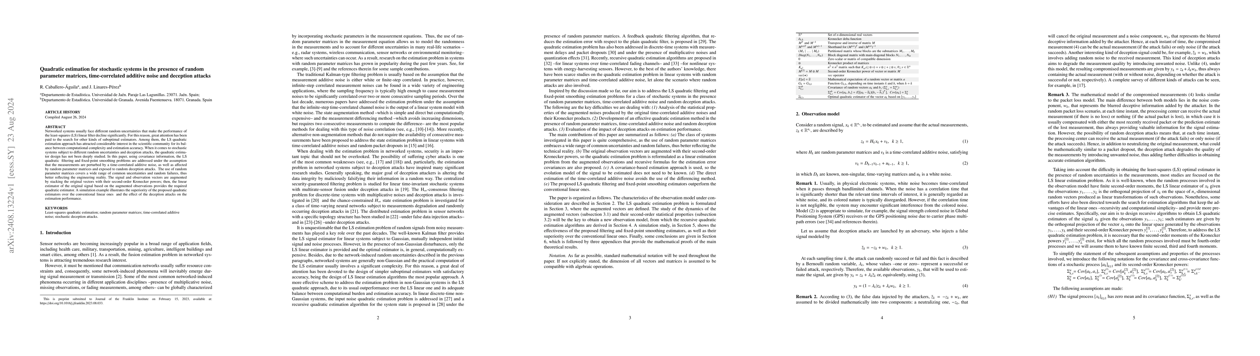 Thumbnail for Quadratic estimation for stochastic systems in the presence of random
  parameter matrices, time-correlated additive noise and deception attacks