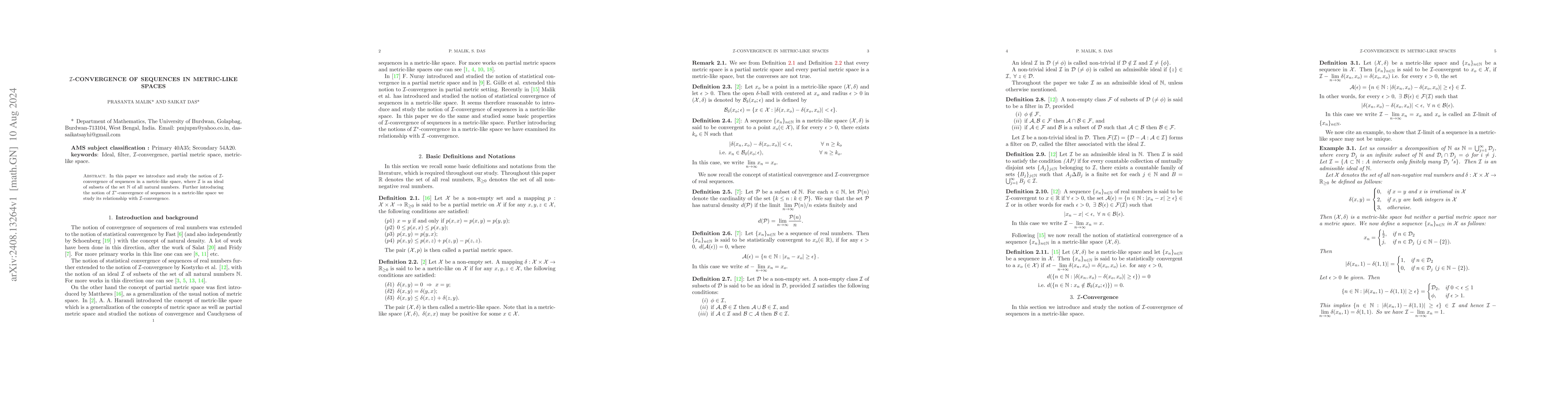 Thumbnail for I-convergence of sequences in metric-like spaces