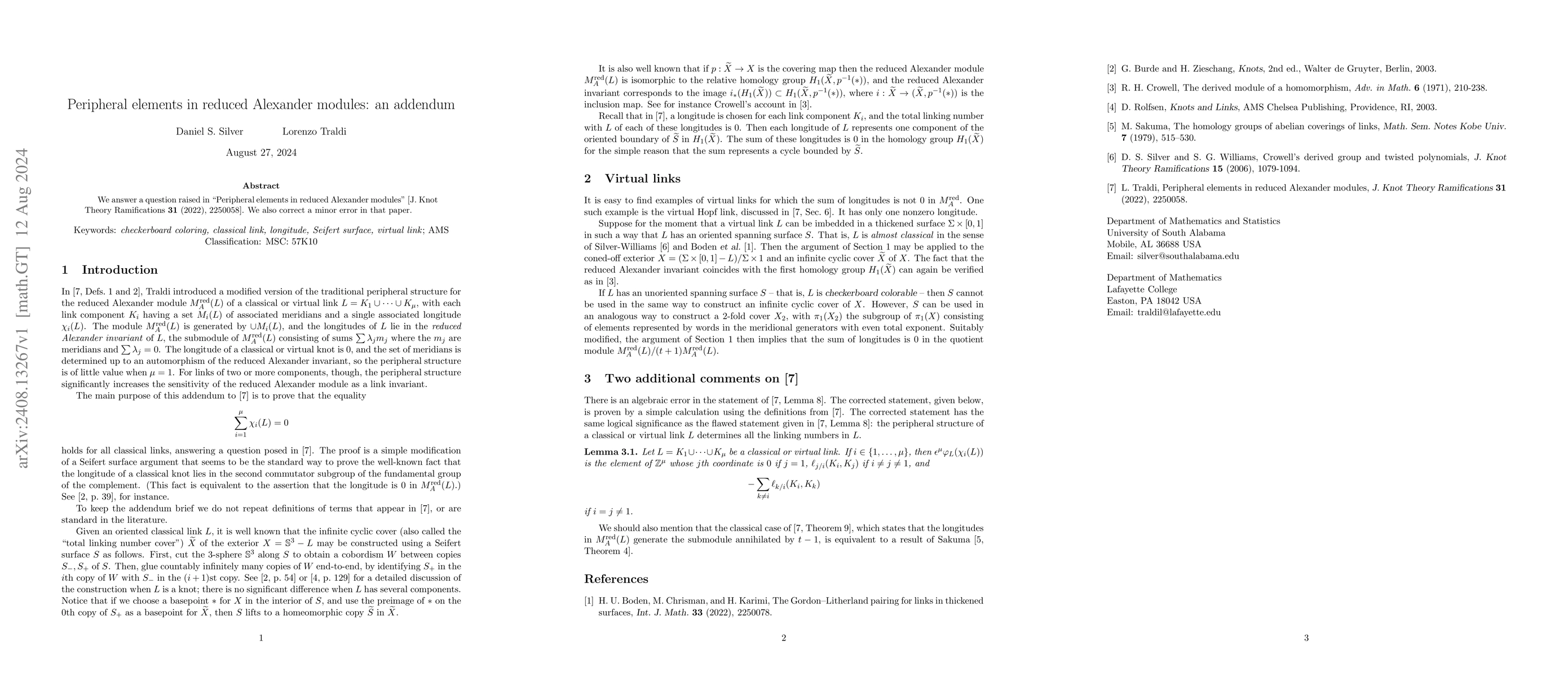 Thumbnail for Peripheral elements in reduced Alexander modules: an addendum