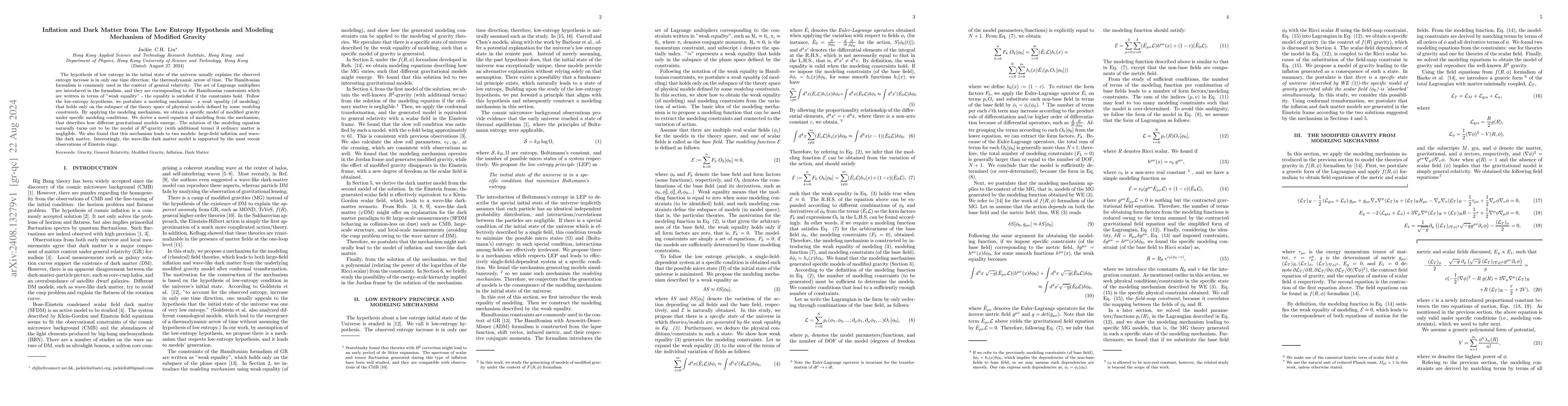 Thumbnail for Inflation and Dark Matter from The Low Entropy Hypothesis and Modeling
  Mechanism of Modified Gravity