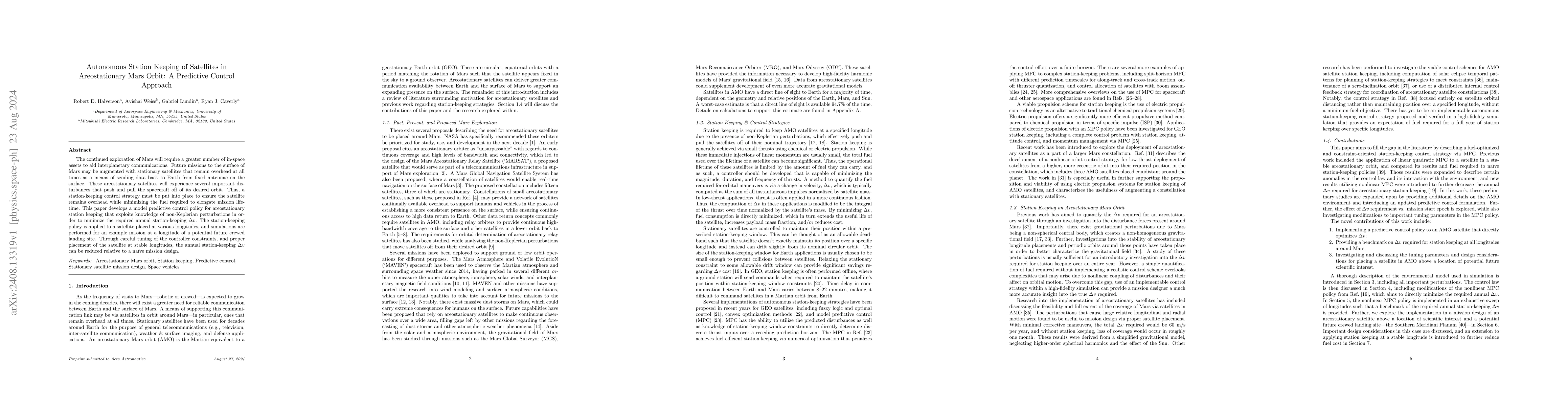 Thumbnail for Autonomous Station Keeping of Satellites in Areostationary Mars Orbit: A
  Predictive Control Approach