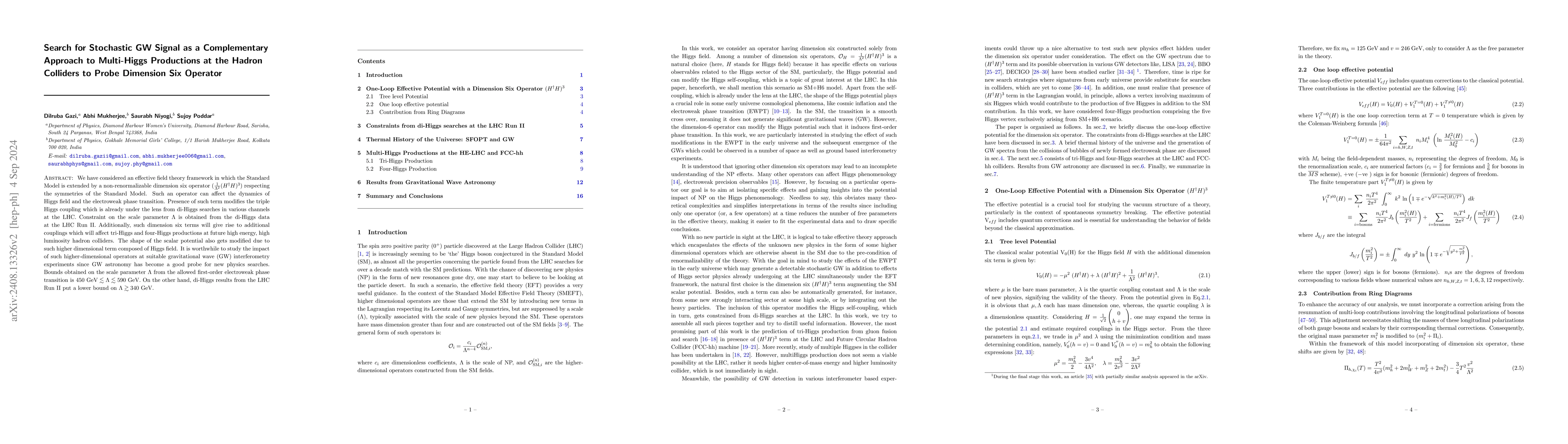 Thumbnail for Search for Stochastic GW Signal as a Complementary Approach to
  Multi-Higgs Productions at the Hadron Colliders to Probe Dimension Six
  Operator