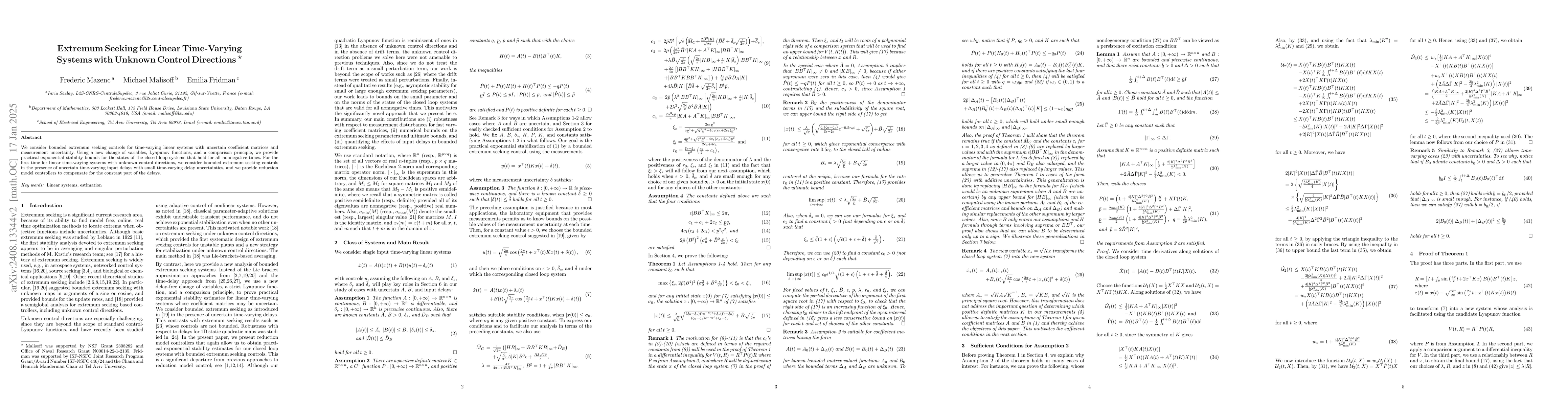 Thumbnail for Extremum Seeking for Linear Time-Varying Systems with Unknown Control
  Directions