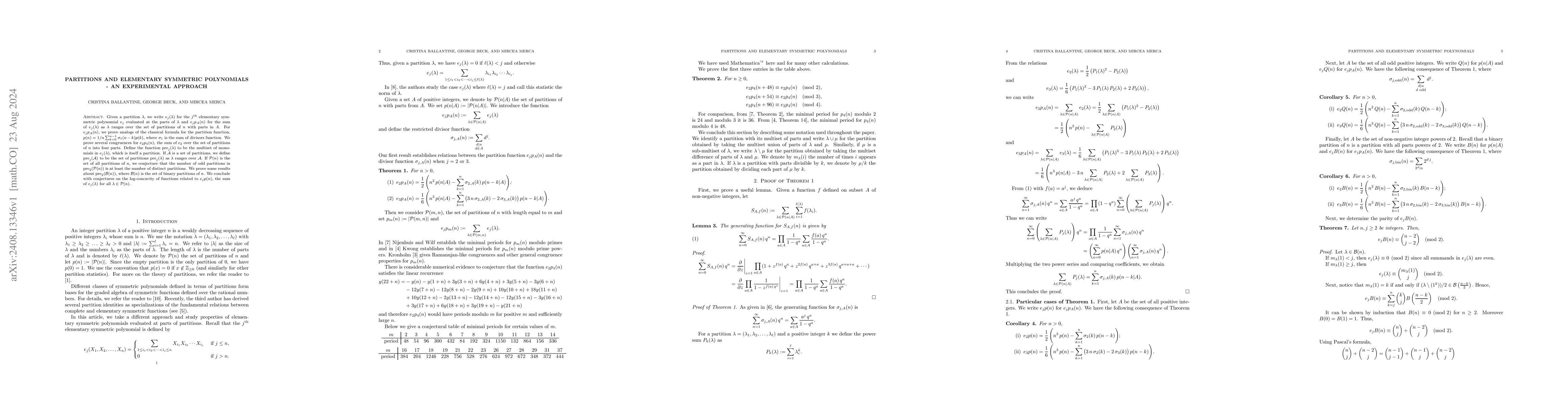 Thumbnail for Partitions and elementary symmetric polynomials -- an experimental
  approach