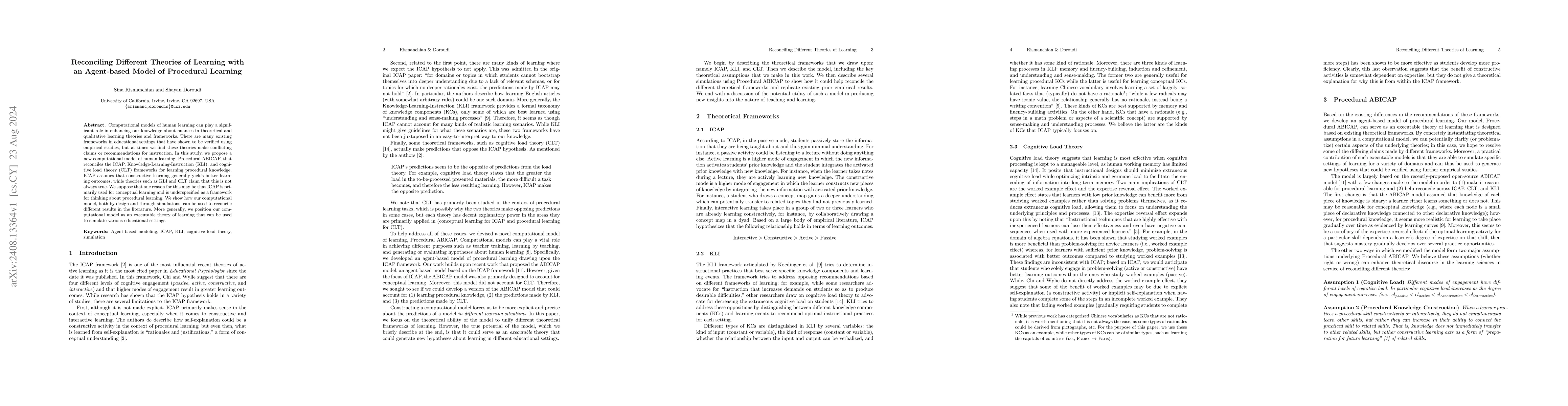 Thumbnail for Reconciling Different Theories of Learning with an Agent-based Model of
  Procedural Learning