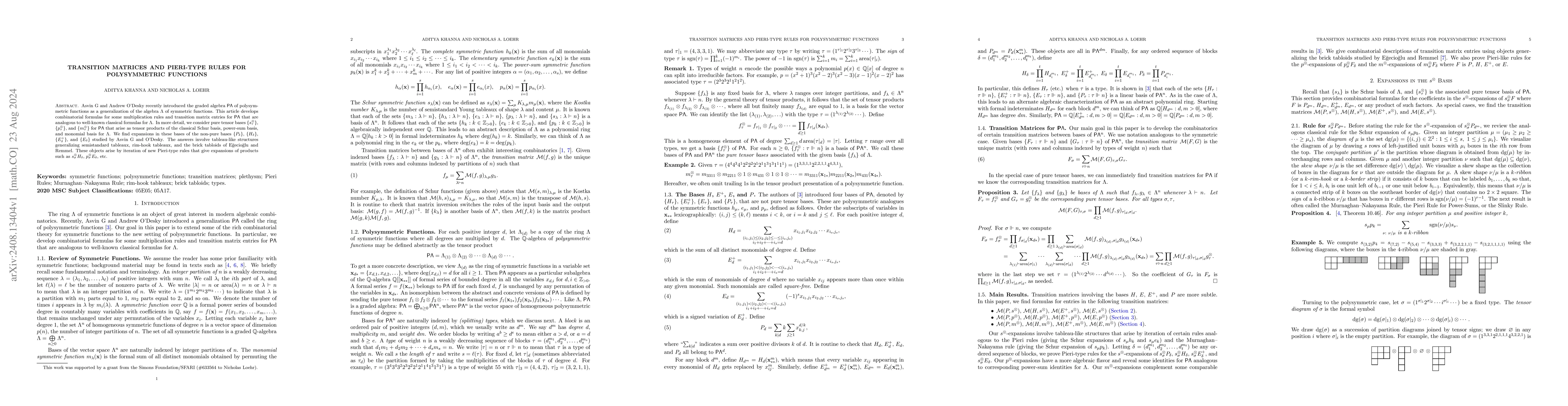 Thumbnail for Transition matrices and Pieri-type rules for polysymmetric functions
