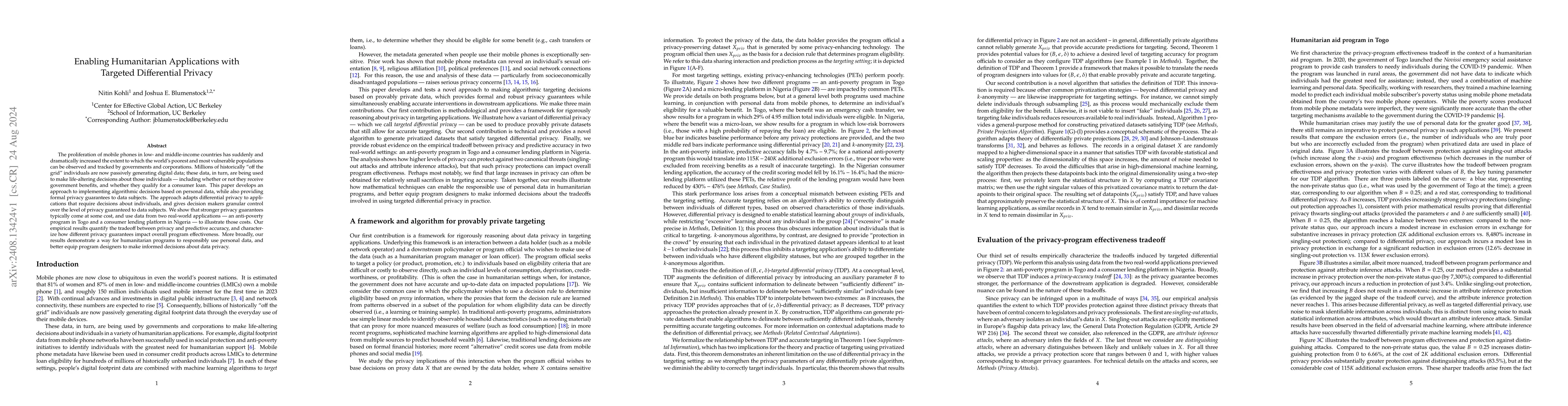 Thumbnail for Enabling Humanitarian Applications with Targeted Differential Privacy