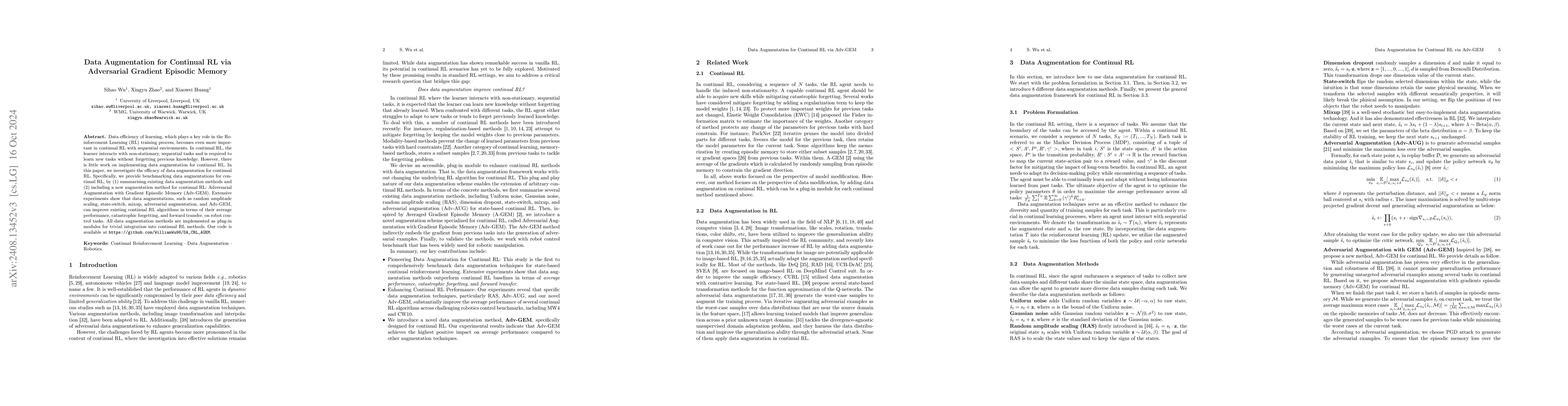 Thumbnail for Data Augmentation for Continual RL via Adversarial Gradient Episodic
  Memory