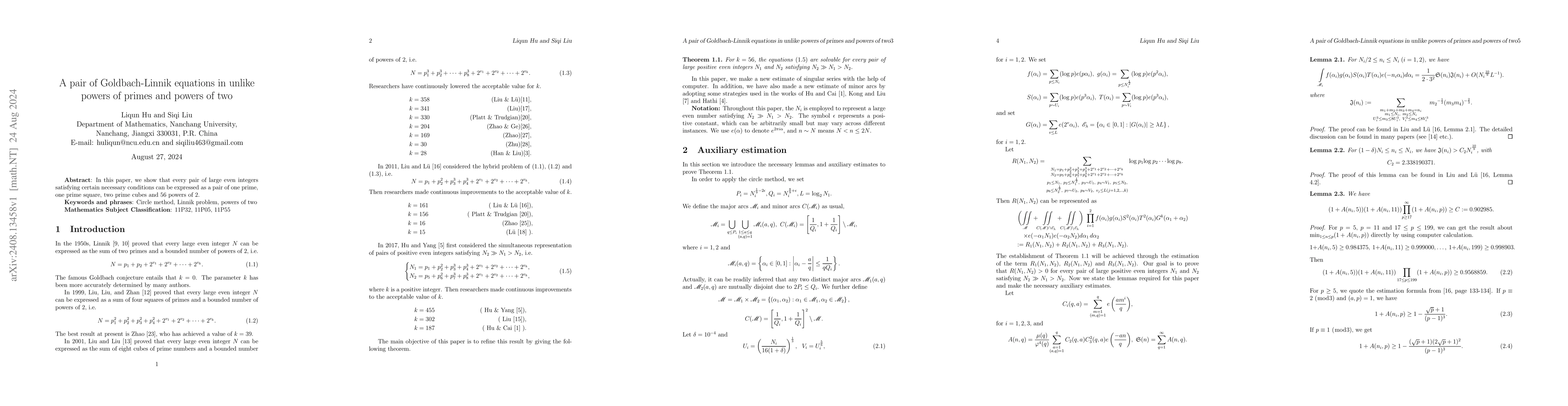Thumbnail for A pair of Goldbach-Linnik equations in unlike powers of primes and
  powers of two