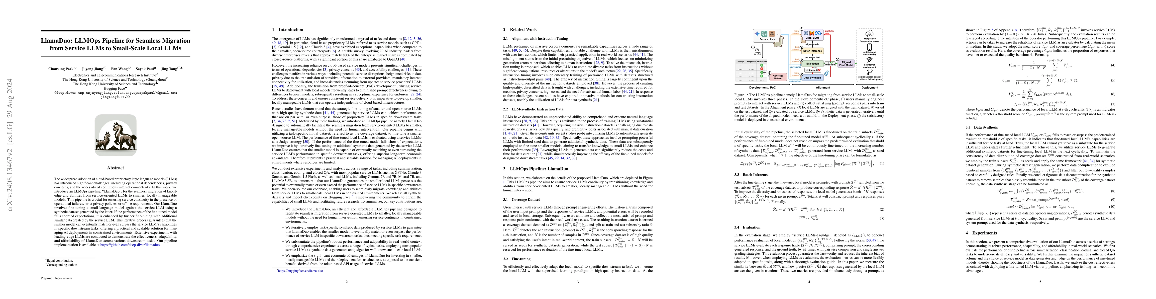 Thumbnail for LlamaDuo: LLMOps Pipeline for Seamless Migration from Service LLMs to
  Small-Scale Local LLMs