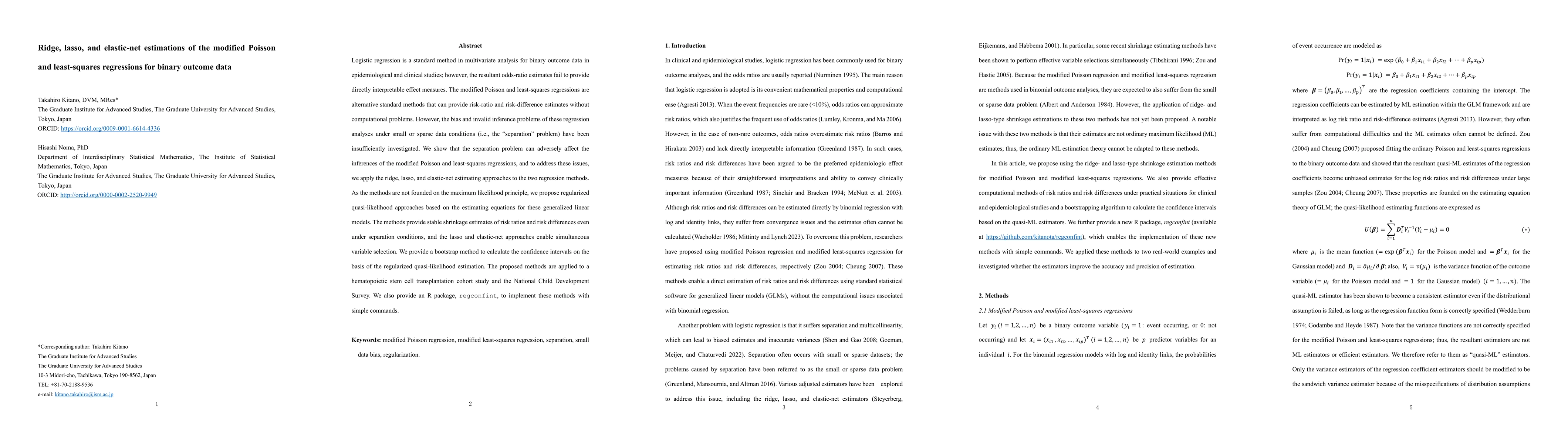 Thumbnail for Ridge, lasso, and elastic-net estimations of the modified Poisson and
  least-squares regressions for binary outcome data