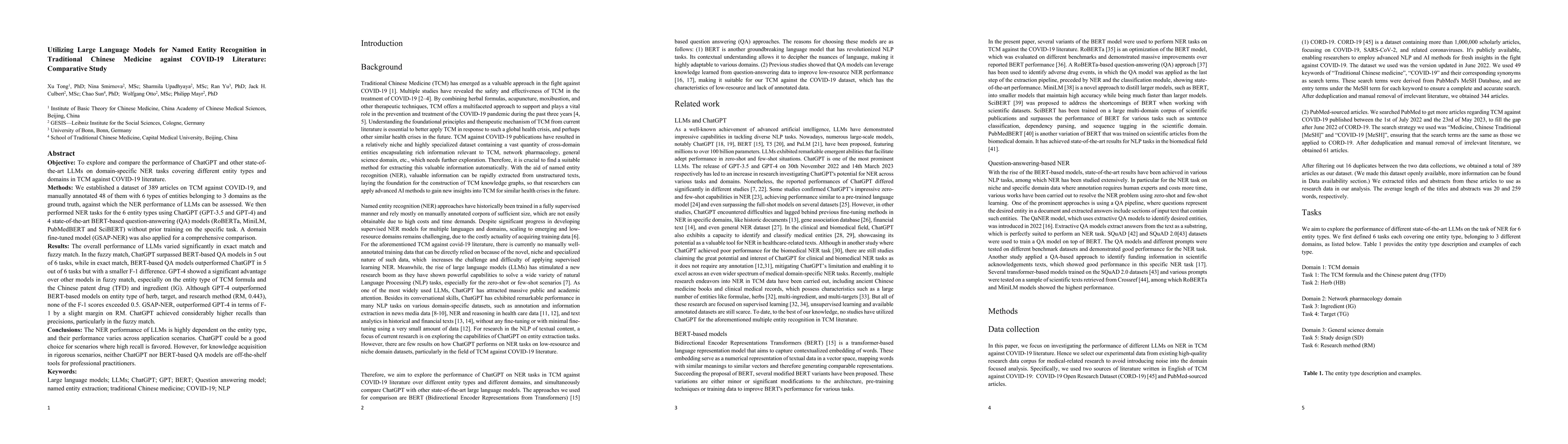 Thumbnail for Utilizing Large Language Models for Named Entity Recognition in
  Traditional Chinese Medicine against COVID-19 Literature: Comparative Study