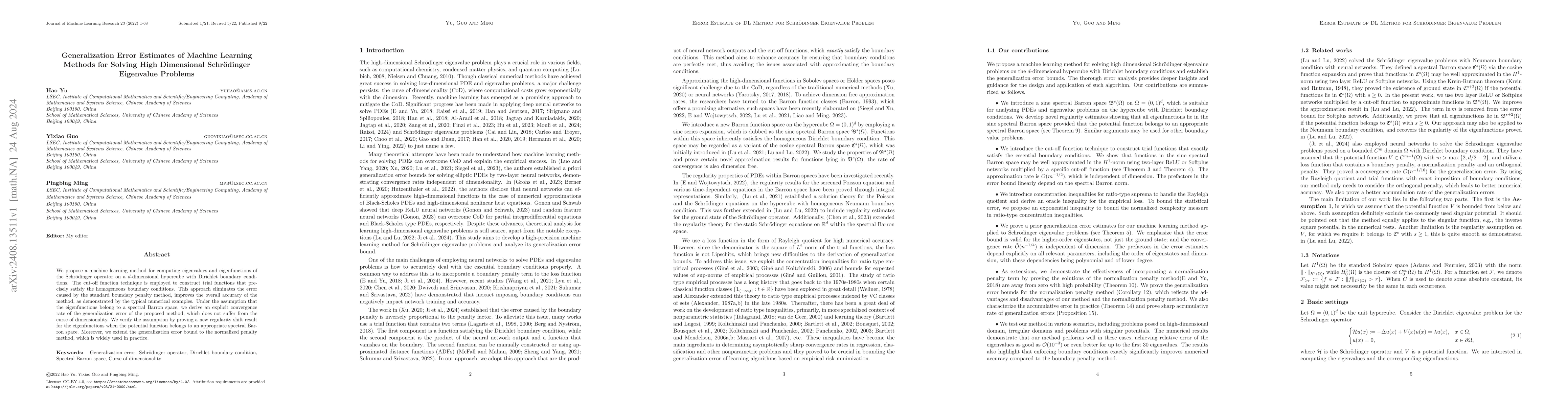 Thumbnail for Generalization Error Estimates of Machine Learning Methods for Solving
  High Dimensional Schrödinger Eigenvalue Problems