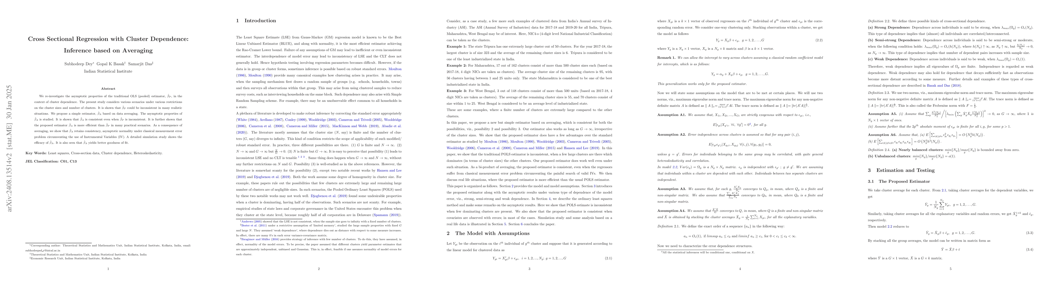 Thumbnail for Cross Sectional Regression with Cluster Dependence: Inference based on
  Averaging