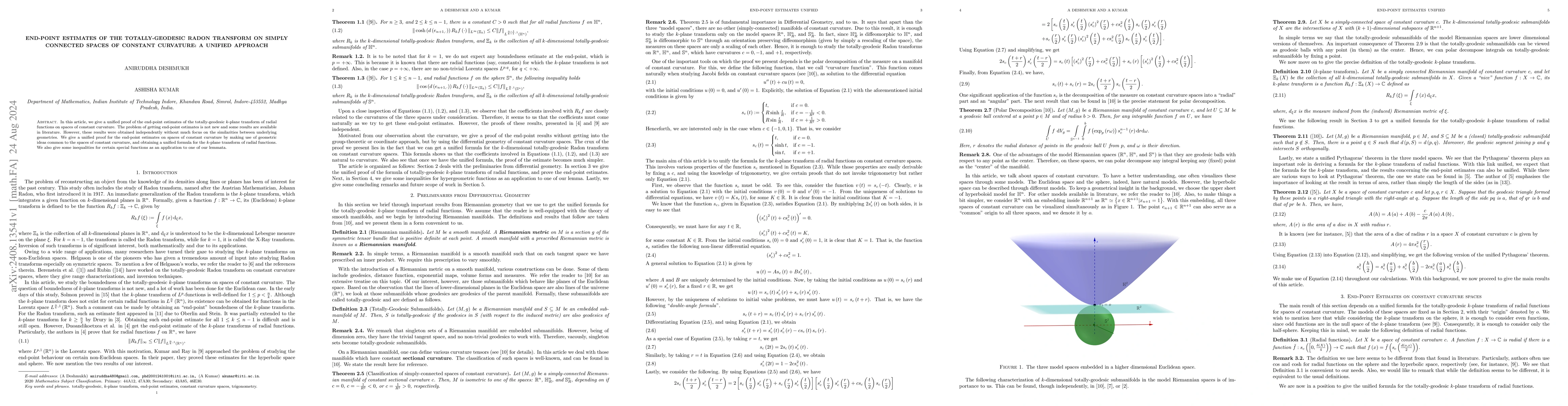 Thumbnail for End-point estimates of the totally-geodesic Radon transform on simply
  connected spaces of constant curvature: A Unified Approach