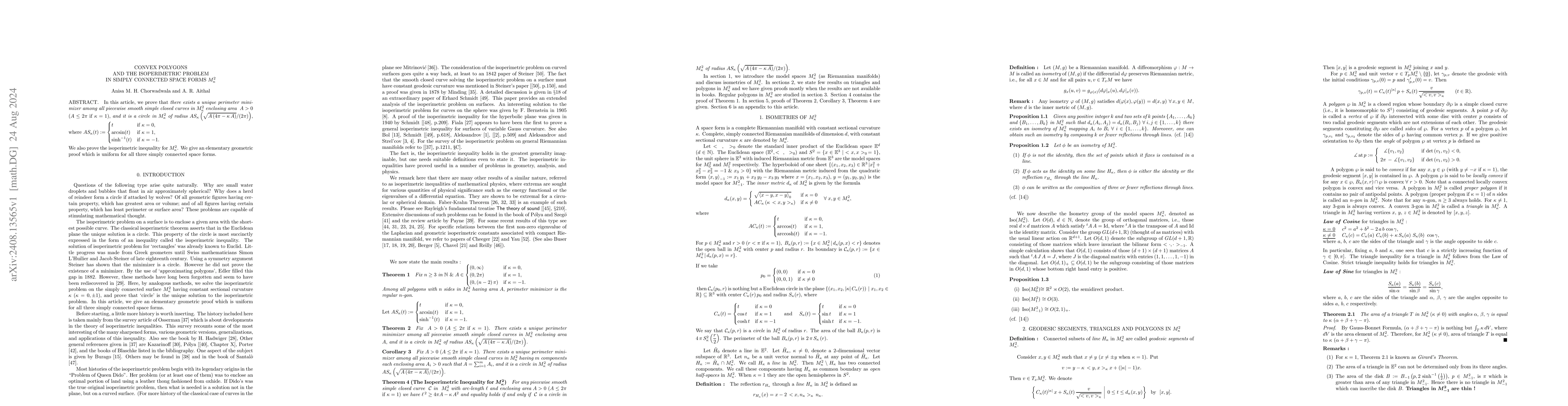Thumbnail for Convex polygons and the isoperimetric problem in simply connected space
  forms $M_κ^2$
