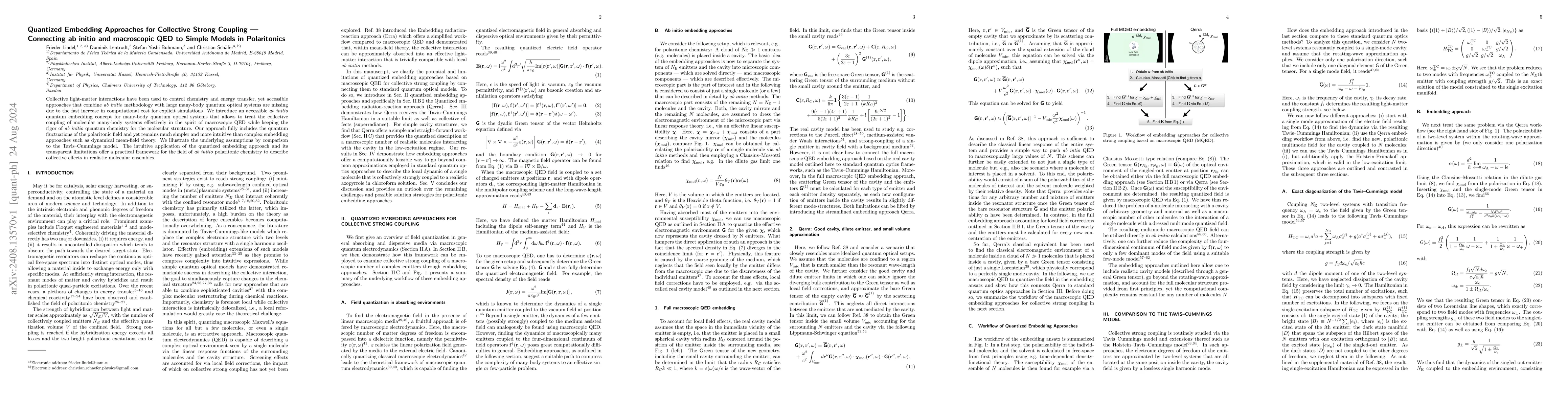 Thumbnail for Quantized Embedding Approaches for Collective Strong Coupling --
  Connecting ab initio and macroscopic QED to Simple Models in Polaritonics