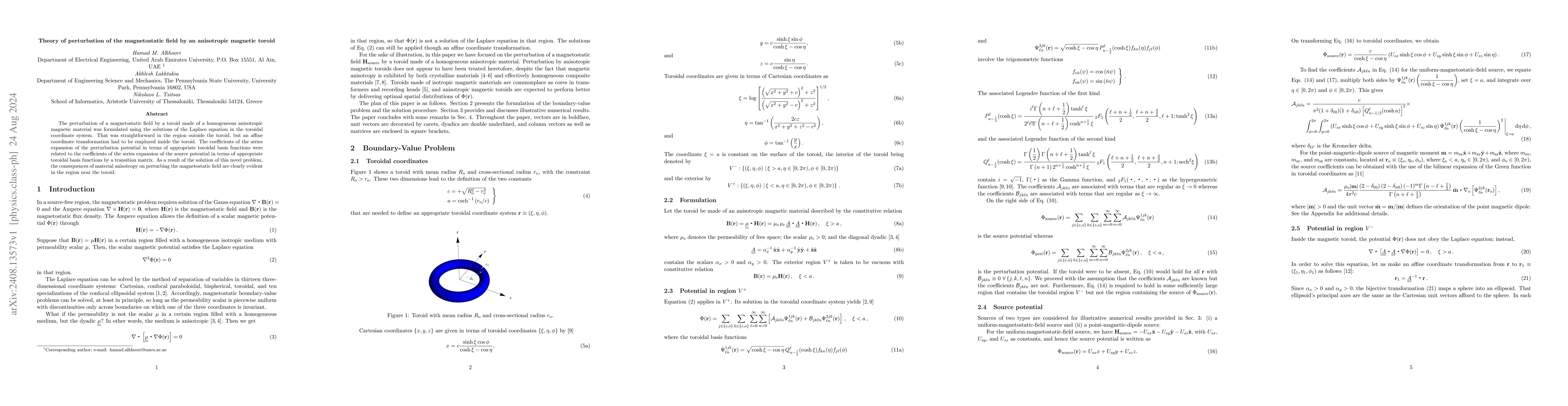 Thumbnail for Theory of perturbation of the magnetostatic field by an anisotropic
  magnetic toroid