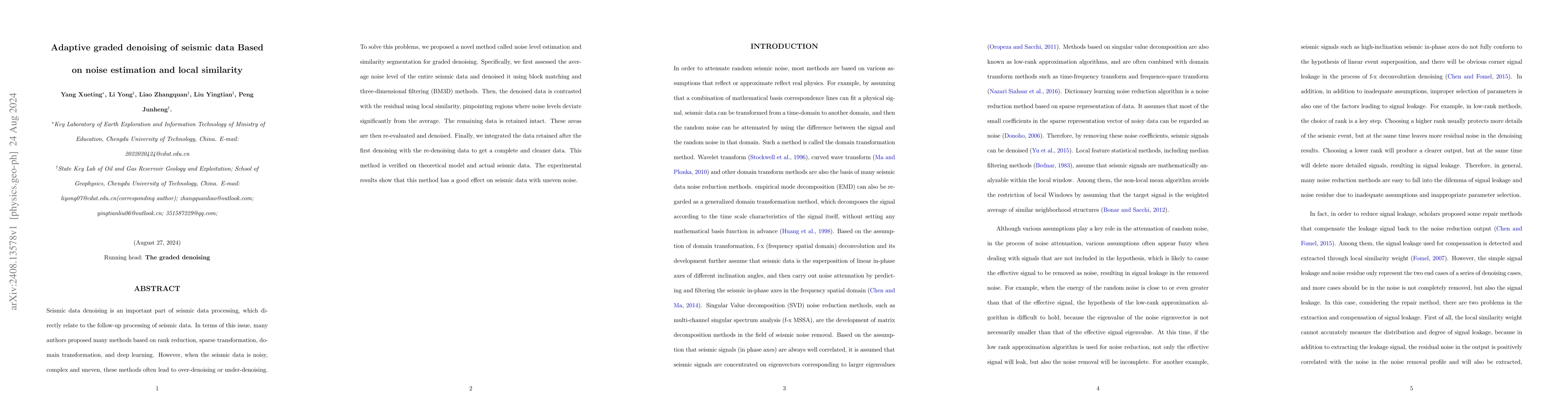 Thumbnail for Adaptive Graded Denoising of Seismic Data Based on Noise Estimation and
  Local Similarity