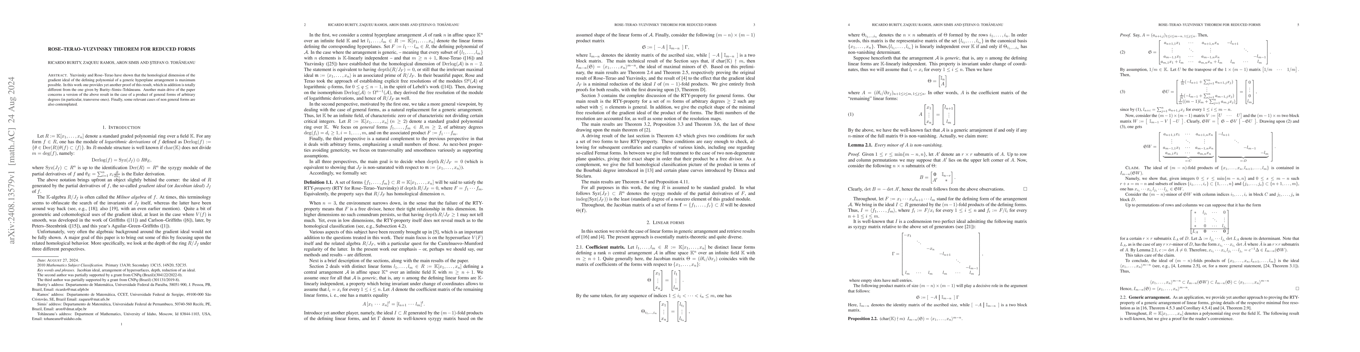 Thumbnail for Rose-Terao-Yuzvinsky theorem for reduced forms