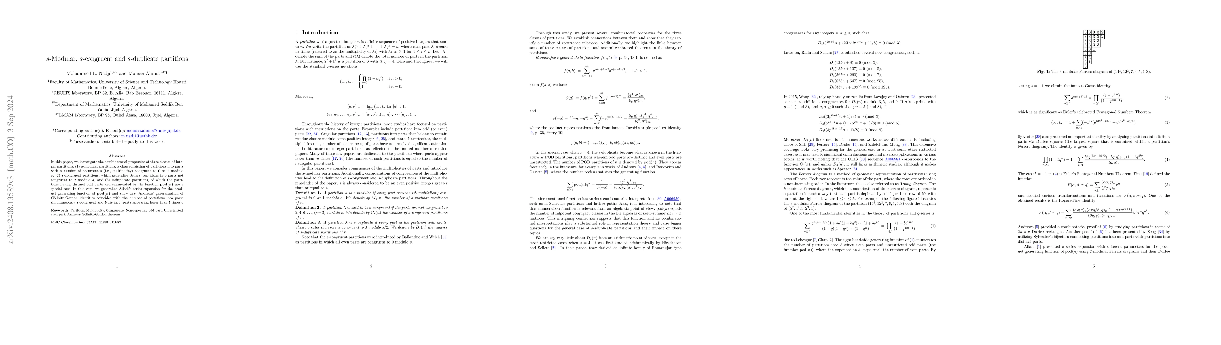 Thumbnail for $s$-Modular, $s$-congruent and $s$-duplicate partitions