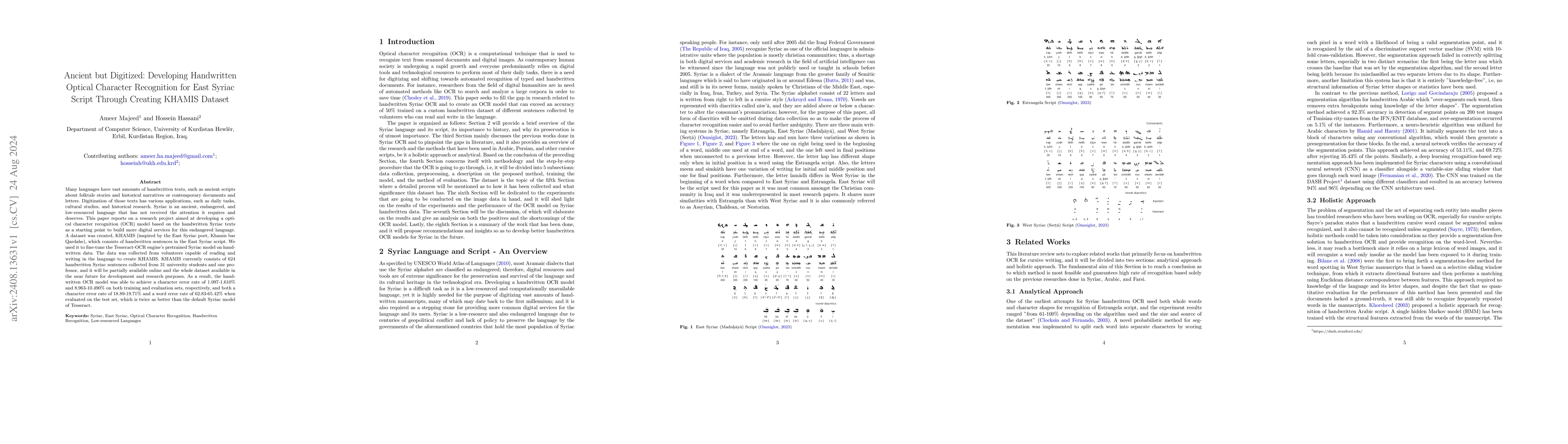 Thumbnail for Ancient but Digitized: Developing Handwritten Optical Character
  Recognition for East Syriac Script Through Creating KHAMIS Dataset