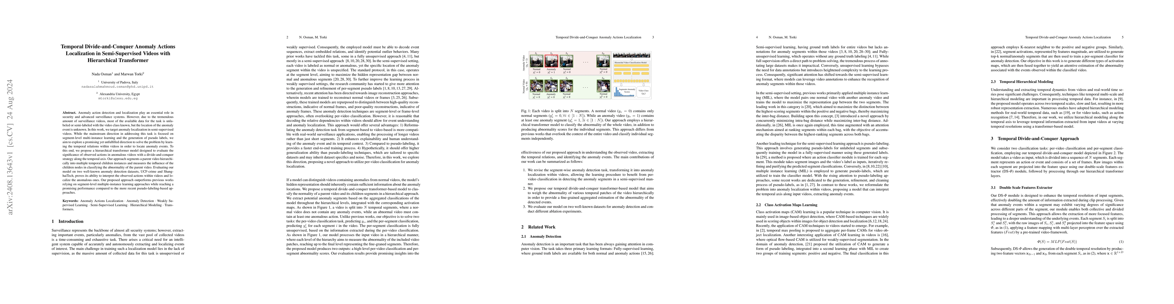 Thumbnail for Temporal Divide-and-Conquer Anomaly Actions Localization in
  Semi-Supervised Videos with Hierarchical Transformer
