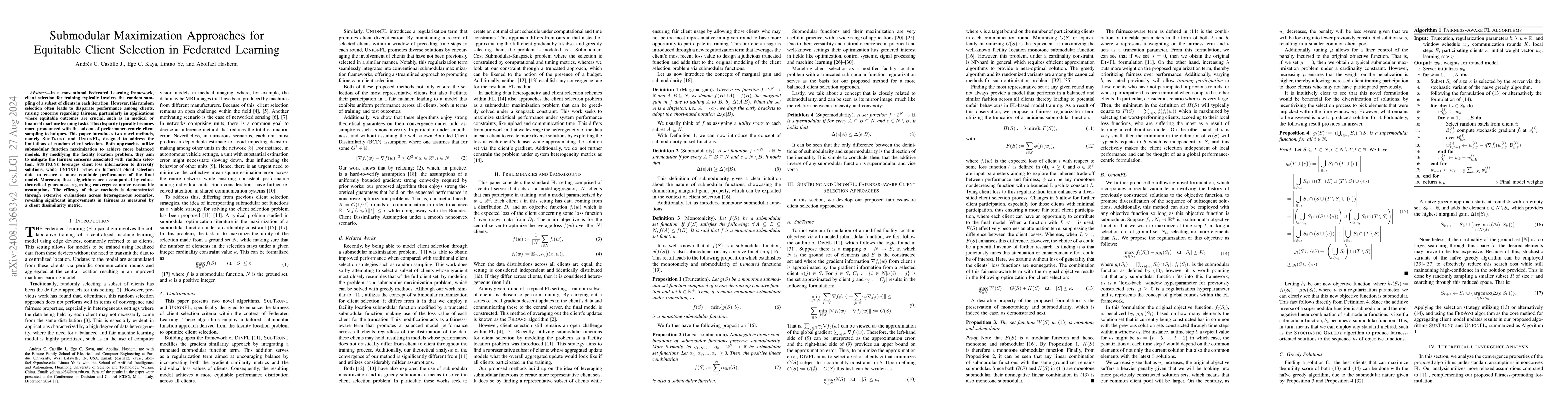 Thumbnail for Submodular Maximization Approaches for Equitable Client Selection in
  Federated Learning
