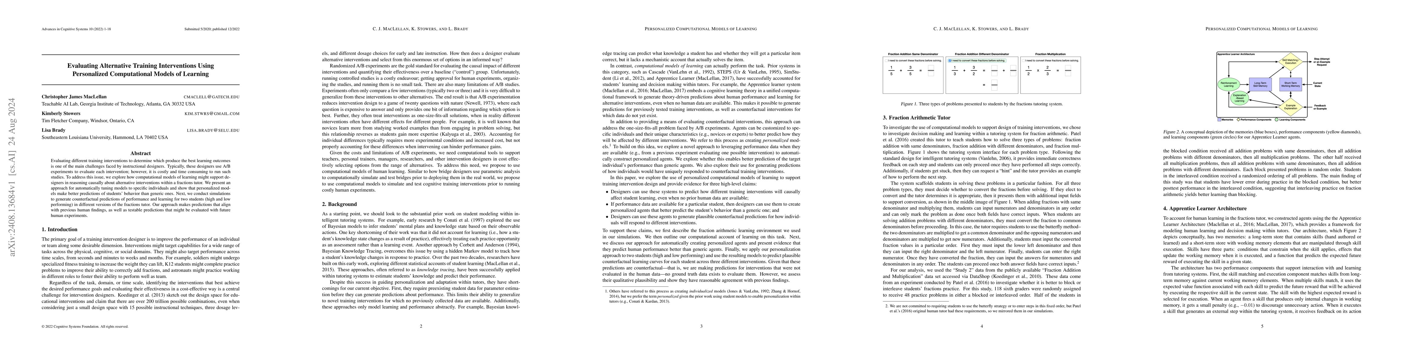 Thumbnail for Evaluating Alternative Training Interventions Using Personalized
  Computational Models of Learning