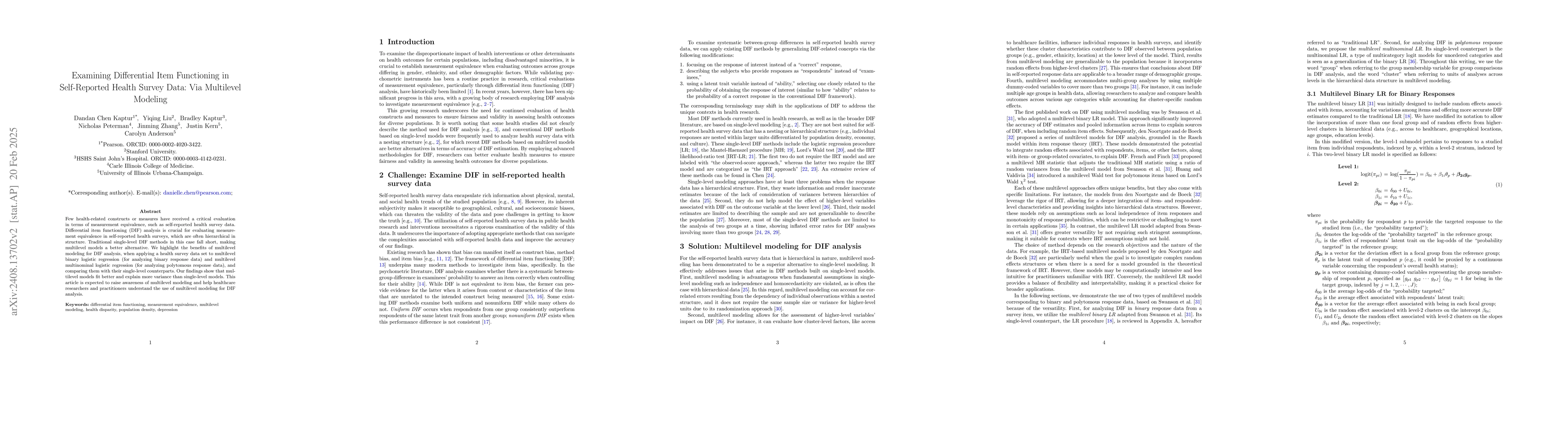 Thumbnail for Examining Differential Item Functioning (DIF) in Self-Reported Health
  Survey Data: Via Multilevel Modeling