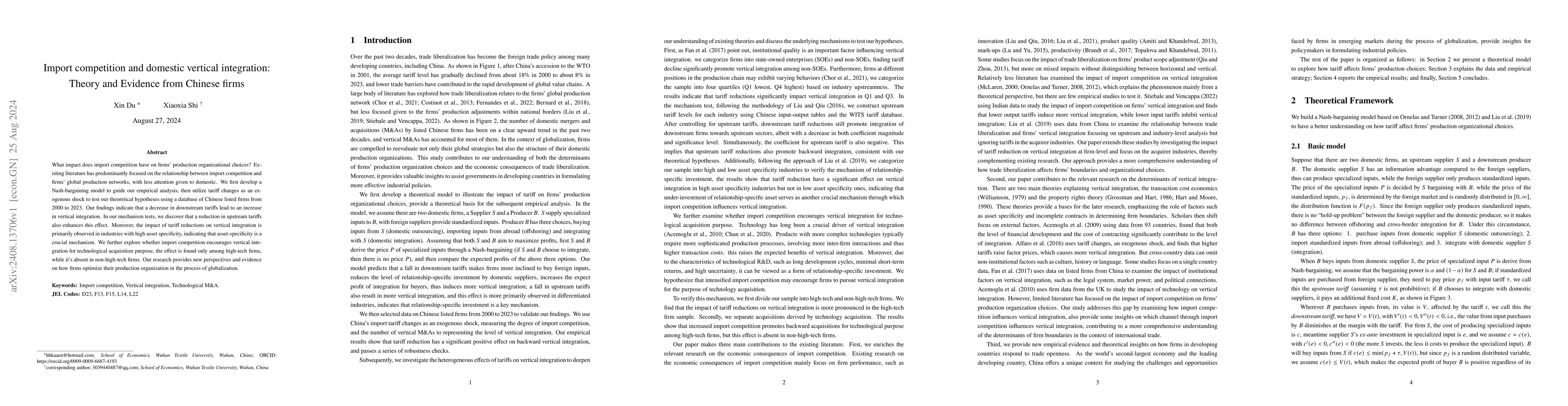 Thumbnail for Import competition and domestic vertical integration: Theory and
  Evidence from Chinese firms