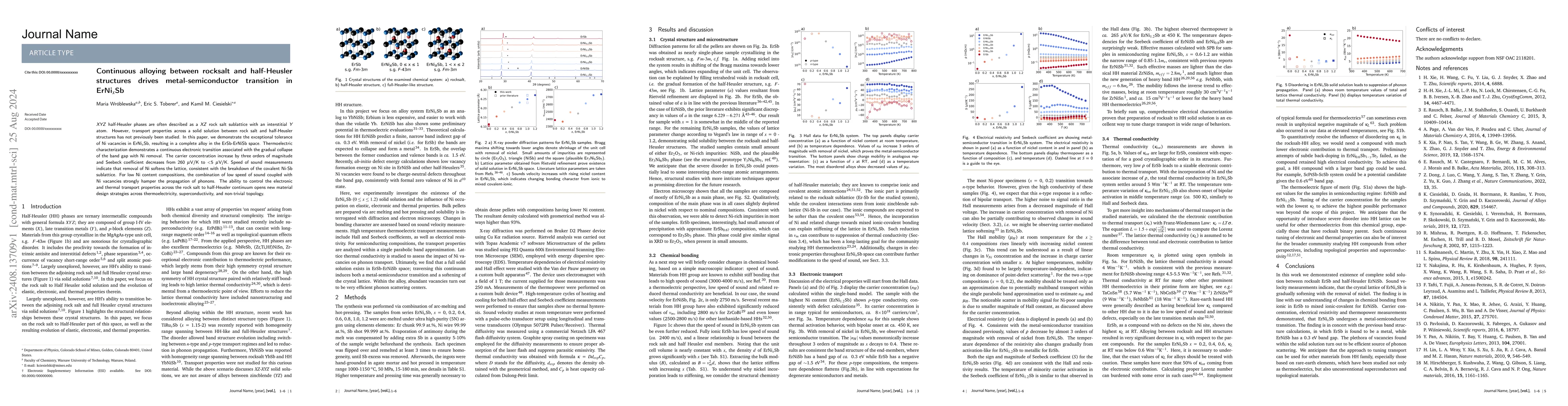 Thumbnail for Continuous alloying between rocksalt and half-Heusler structures drives
  metal-semiconductor transition in ErNi$_x$Sb