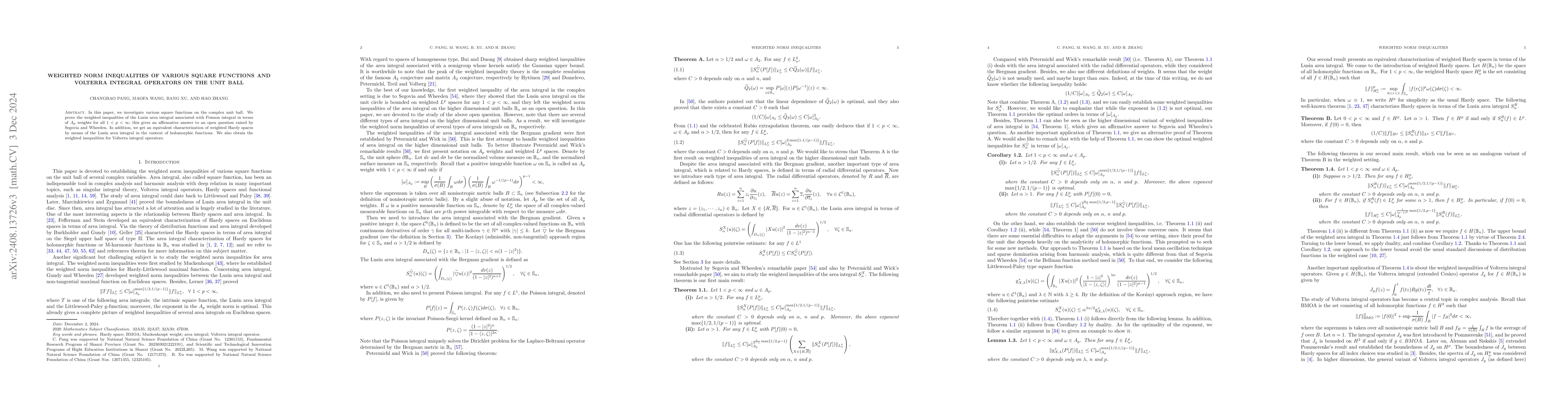 Thumbnail for Weighted norm inequalities of various square functions and Volterra
  integral operators on the unit ball