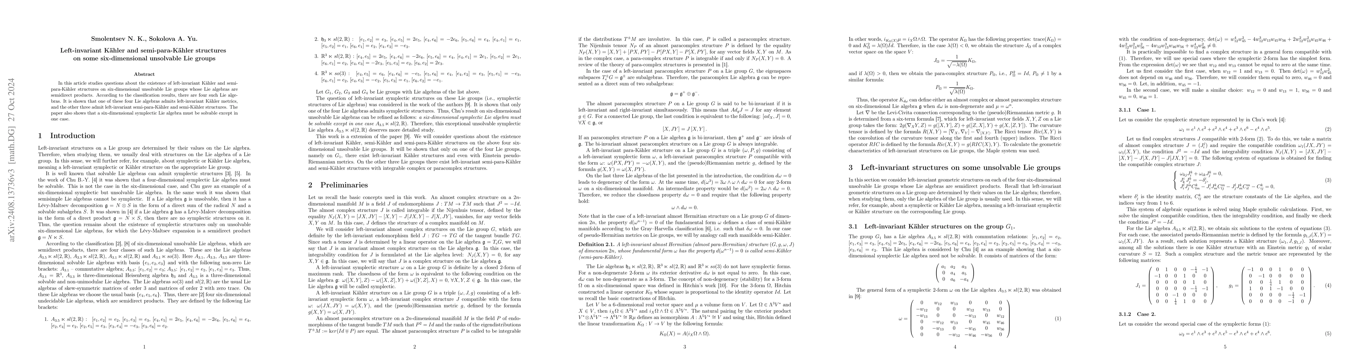 Thumbnail for Left-invariant Kähler and semi-para-Kähler structures on some
  six-dimensional unsolvable Lie groups