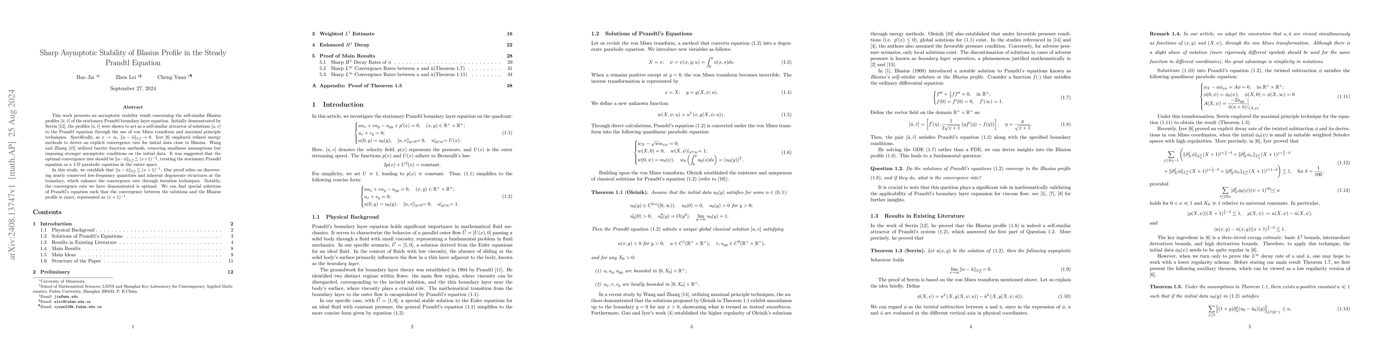 Thumbnail for Sharp Asymptotic Stability of Blasius Profile in the Steady Prandtl
  Equation