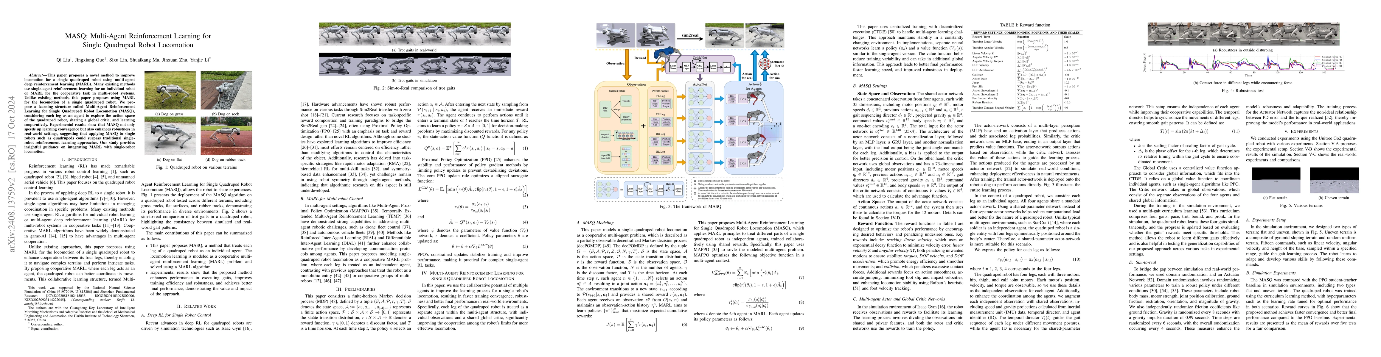 Thumbnail for MASQ: Multi-Agent Reinforcement Learning for Single Quadruped Robot
  Locomotion