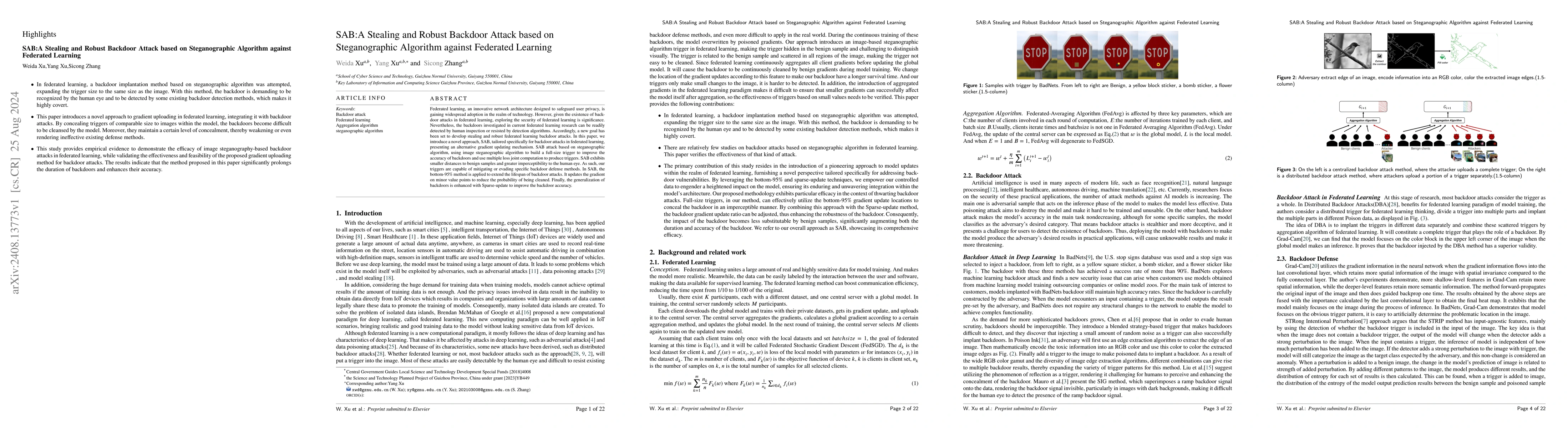 Thumbnail for SAB:A Stealing and Robust Backdoor Attack based on Steganographic
  Algorithm against Federated Learning