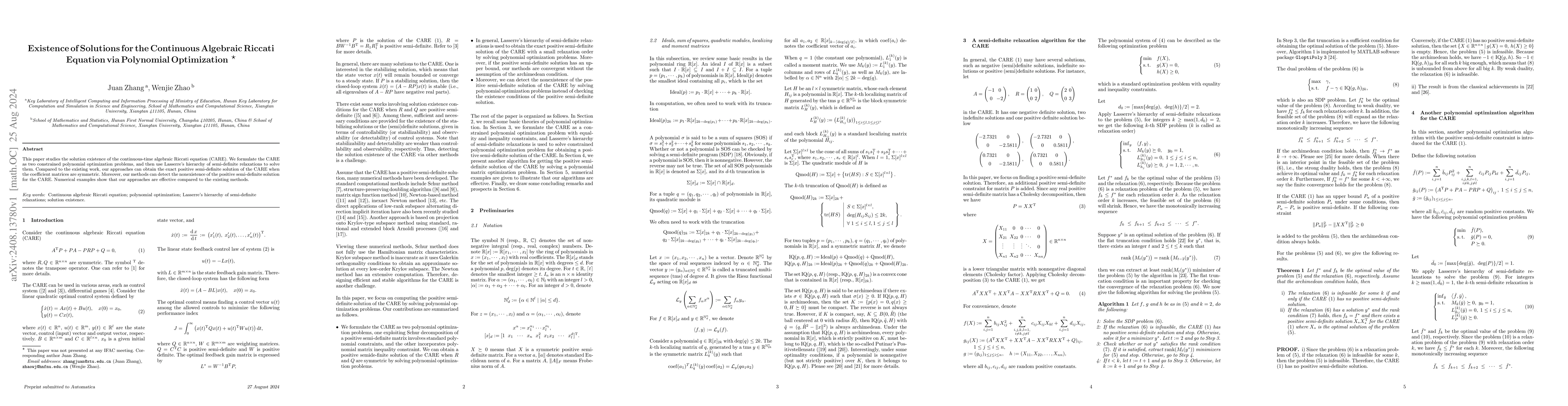 Thumbnail for Existence of Solutions for the Continuous Algebraic Riccati Equation via
  Polynomial Optimization