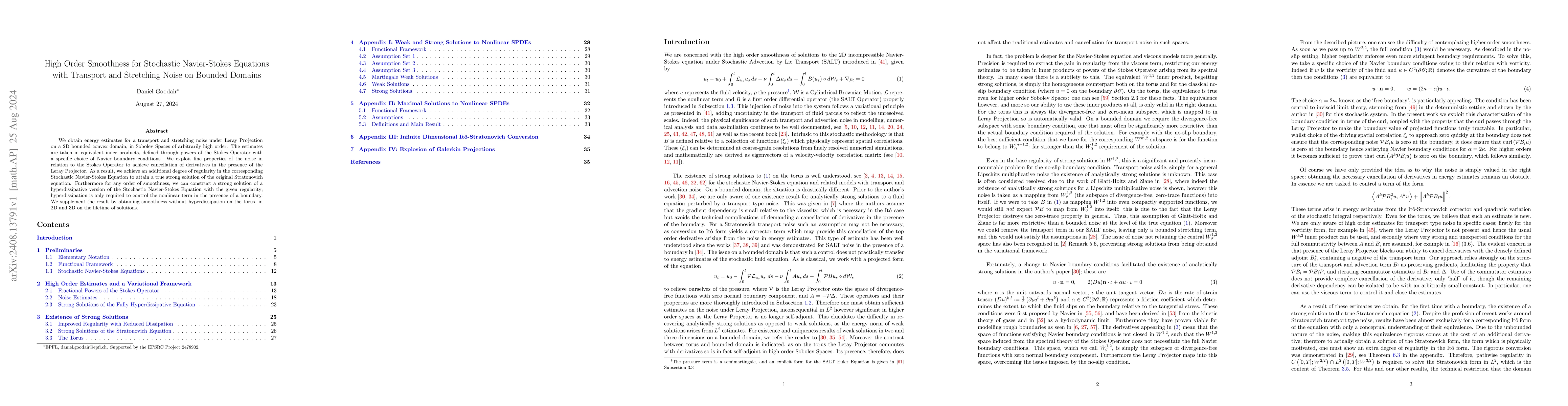 Thumbnail for High Order Smoothness for Stochastic Navier-Stokes Equations with
  Transport and Stretching Noise on Bounded Domains