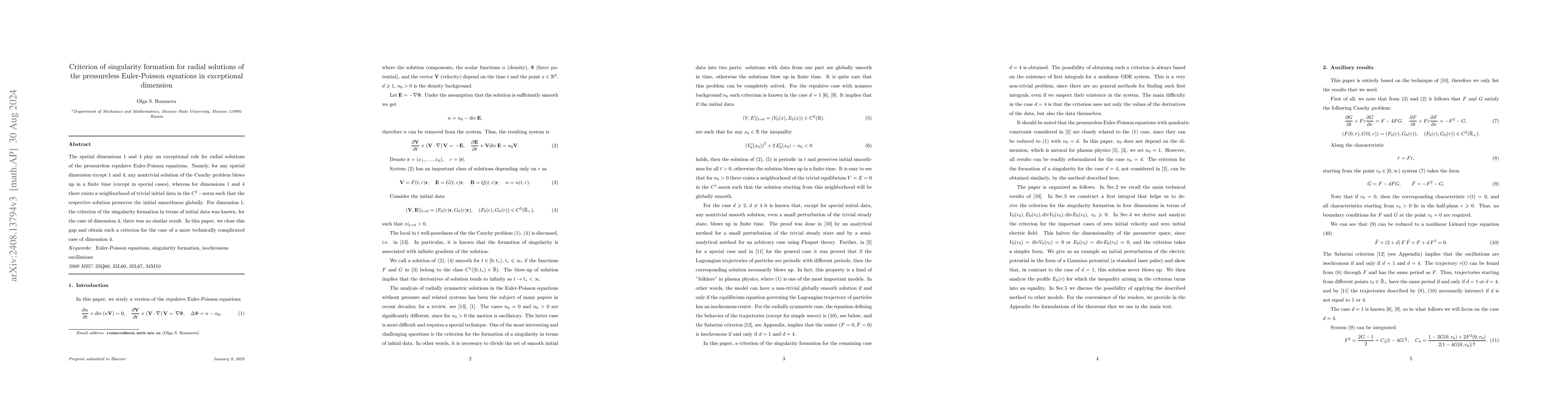 Thumbnail for Criterion of singularity formation for radial solutions of the
  pressureless Euler-Poisson equations in exceptional dimension