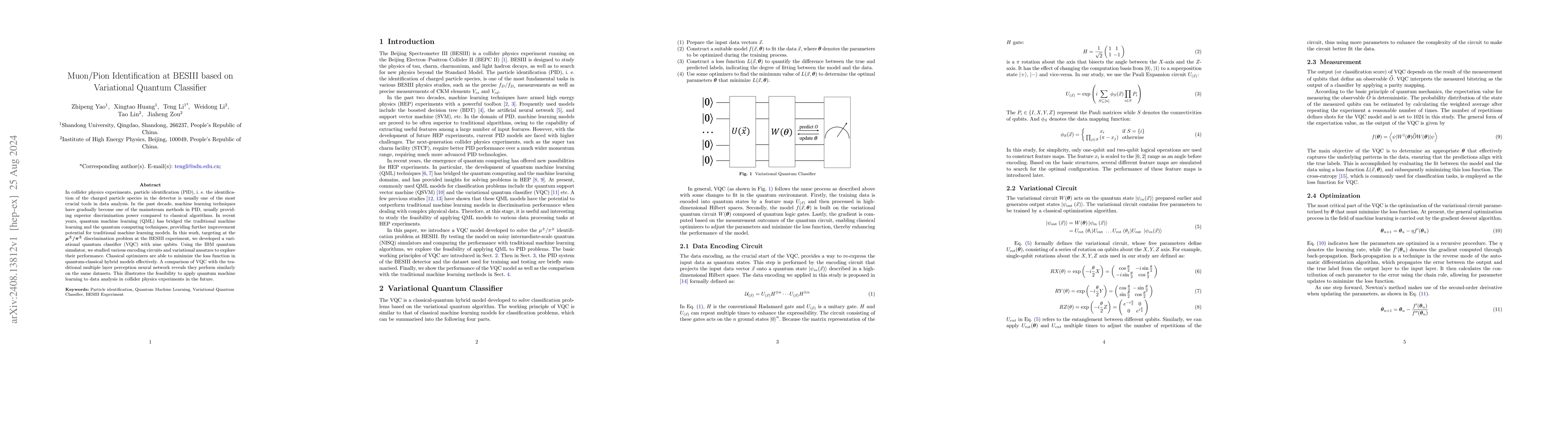 Thumbnail for Muon/Pion Identification at BESIII based on Variational Quantum
  Classifier