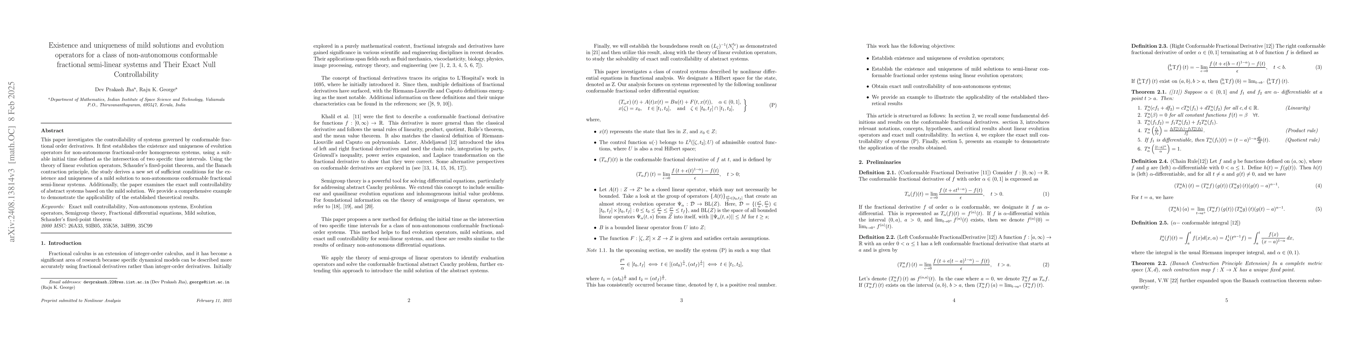Thumbnail for Existence of Mild Solutions for a Class of Non-Autonomous Conformable
  Fractional Semilinear Systems and Their Exact Null Controllability