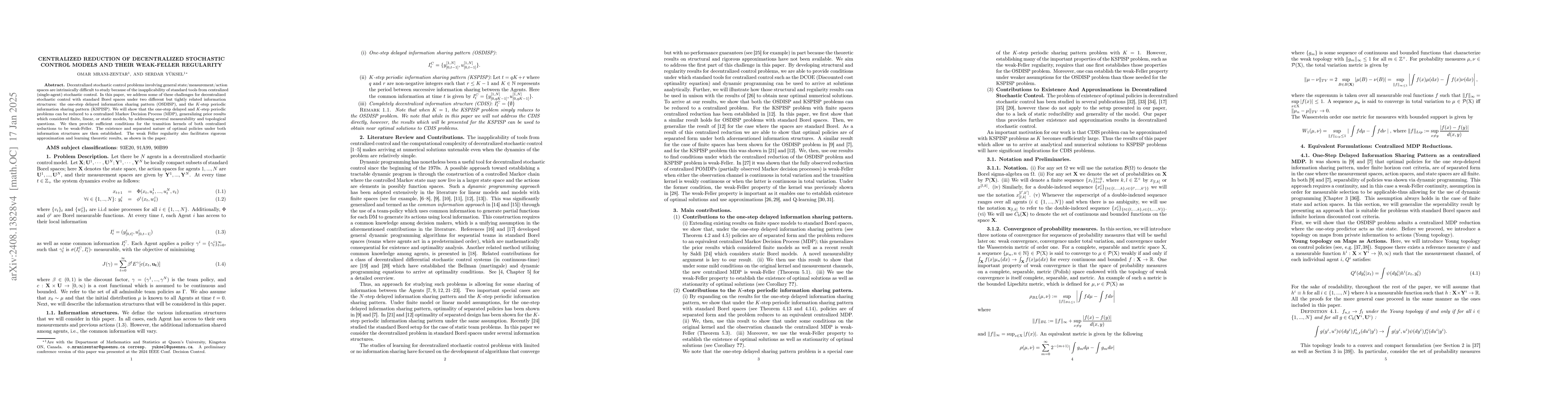 Thumbnail for Decentralized Stochastic Control in Standard Borel Spaces: Centralized
  MDP Reductions, Near Optimality of Finite Window Local Information, and
  Q-Learning