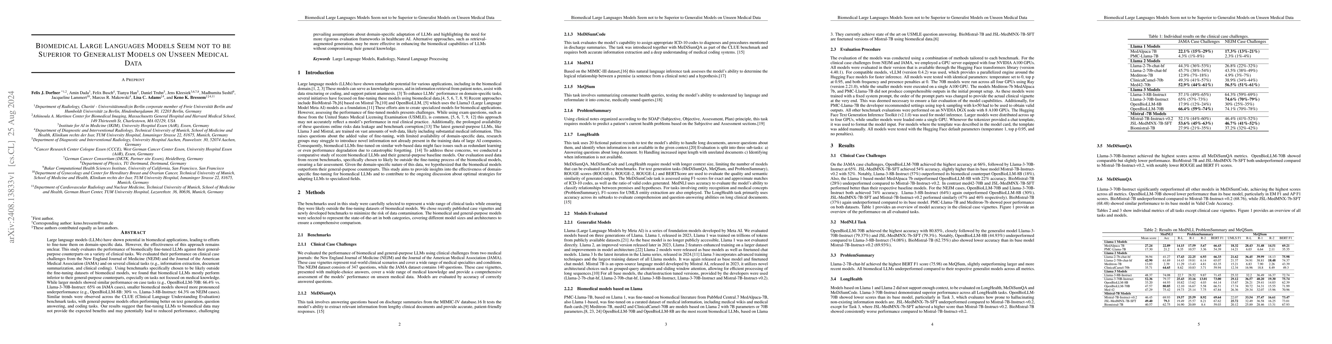 Thumbnail for Biomedical Large Languages Models Seem not to be Superior to Generalist
  Models on Unseen Medical Data
