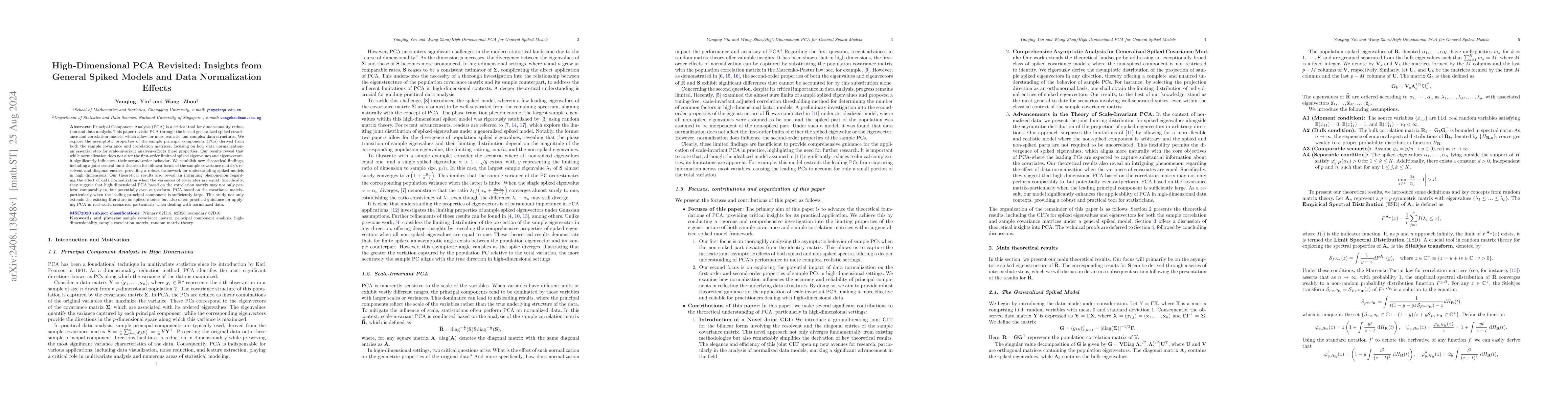 Thumbnail for High-Dimensional PCA Revisited: Insights from General Spiked Models and
  Data Normalization Effects