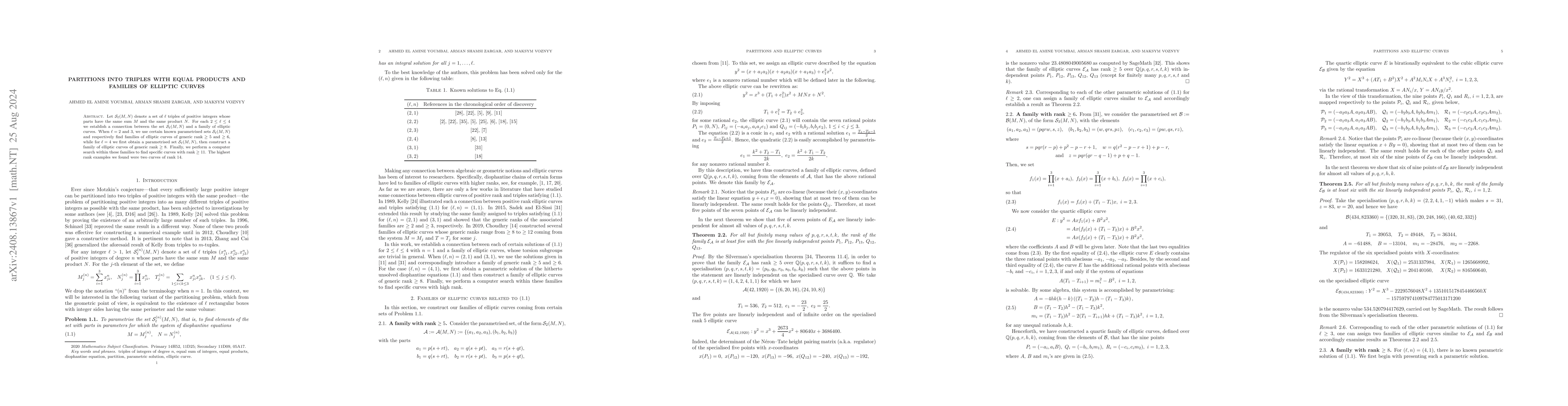 Thumbnail for Partitions into Triples with Equal Products and Families of Elliptic
  Curves
