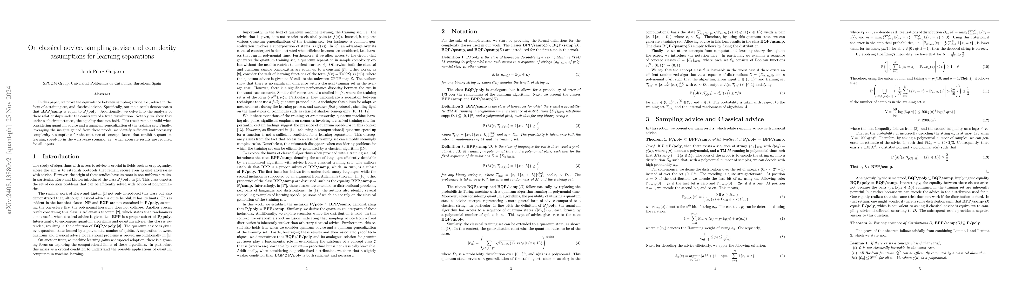 Thumbnail for On classical advice, sampling advise and complexity assumptions for
  learning separations